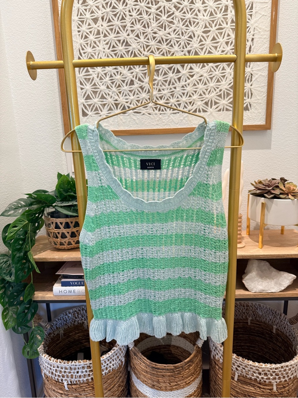 VICI Mint & Light Gray Striped Ruffled Hem Knit Tank